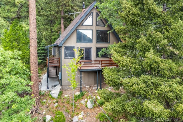 6429 Cedar Ave, Angelus Oaks, CA 92305 - rear view of property featuring stairs and a wooden deck