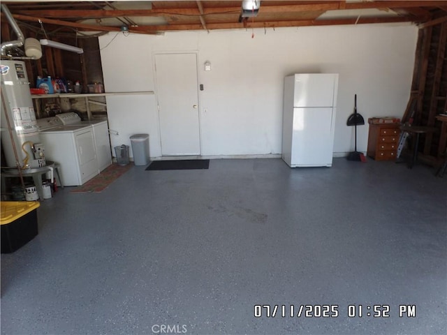 1676 Dumbarton Ave, San Bernardino, CA 92404 - garage with freestanding refrigerator, washer and dryer, water heater, and a garage door opener