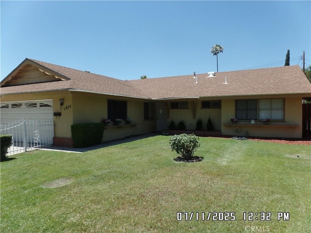 1676 Dumbarton Ave, San Bernardino, CA 92404 - ranch-style home with a garage, a front lawn, roof with shingles, and stucco siding