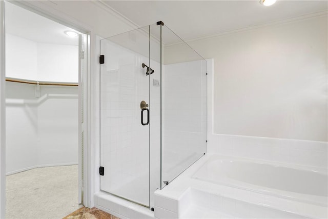 11 Porto Cervo Dr, Dana Point, CA 92629 - bathroom with a shower stall, a bath, a walk in closet, and ornamental molding