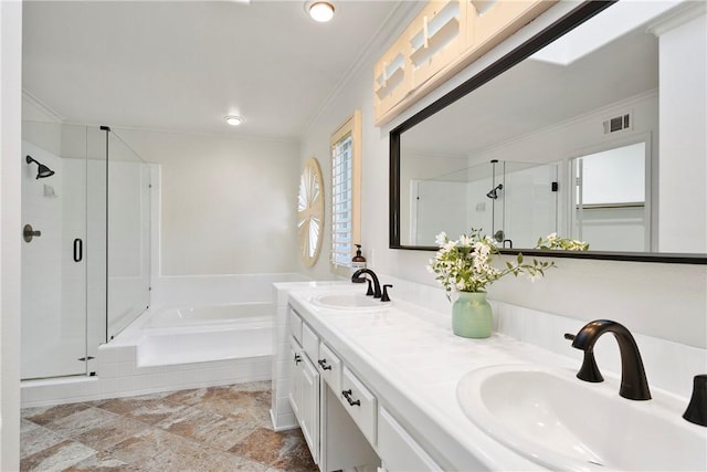 11 Porto Cervo Dr, Dana Point, CA 92629 - bathroom featuring a stall shower, a bath, ornamental molding, and double vanity