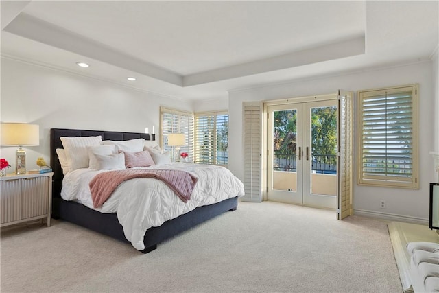 11 Porto Cervo Dr, Dana Point, CA 92629 - carpeted bedroom with french doors, access to outside, a tray ceiling, and recessed lighting