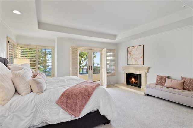 11 Porto Cervo Dr, Dana Point, CA 92629 - bedroom featuring a tray ceiling, access to exterior, carpet flooring, multiple windows, and recessed lighting