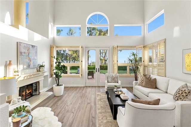 11 Porto Cervo Dr, Dana Point, CA 92629 - living room with a towering ceiling, wood finished floors, plenty of natural light, french doors, and a glass covered fireplace