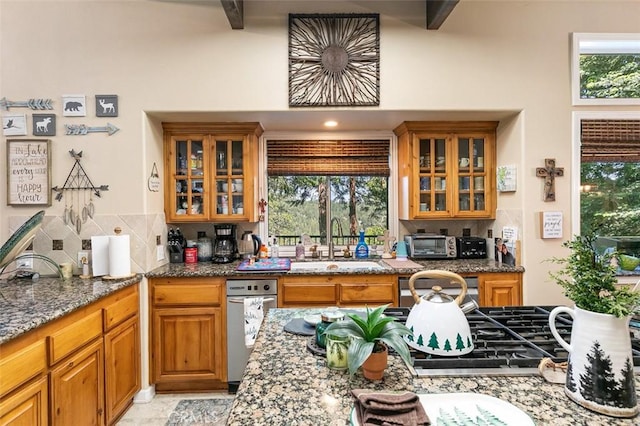 430 Rainier Rd, Lake Arrowhead, CA 92352 - kitchen with a sink, backsplash, brown cabinets, and healthy amount of natural light