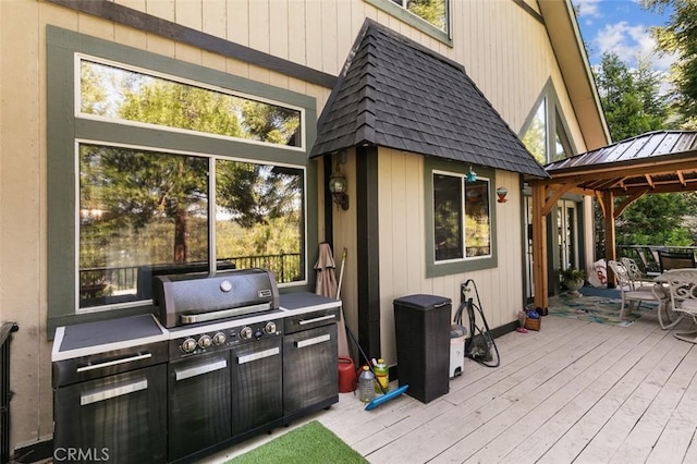 430 Rainier Rd, Lake Arrowhead, CA 92352 - wooden deck featuring a gazebo, a grill, and outdoor dining area