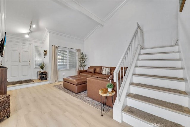 2940 Cherry Way, Ontario, CA 91761 - living room featuring stairs, ornamental molding, and wood finished floors