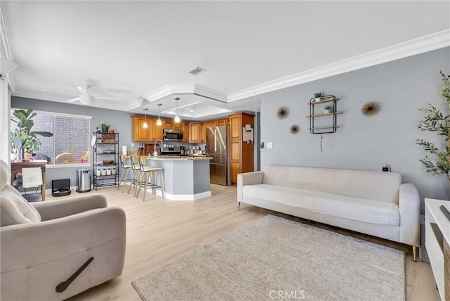 2940 Cherry Way, Ontario, CA 91761 - living room featuring crown molding, light wood-type flooring, and a ceiling fan