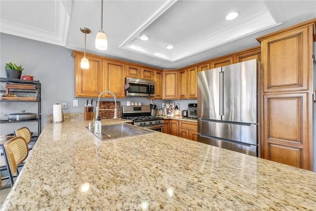 2940 Cherry Way, Ontario, CA 91761 - kitchen featuring stainless steel appliances, a tray ceiling, brown cabinets, a sink, and light stone countertops