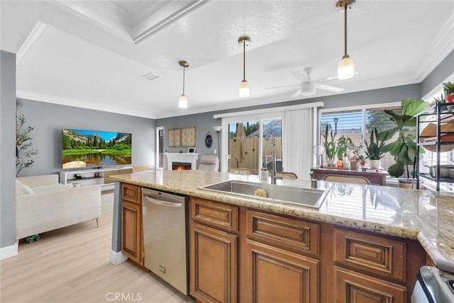 2940 Cherry Way, Ontario, CA 91761 - kitchen with stainless steel dishwasher, a sink, brown cabinetry, light wood-type flooring, and ornamental molding