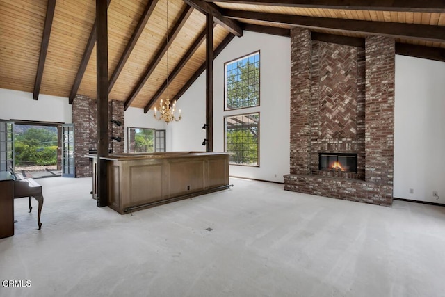 11395 Highridge Ct, Camarillo, CA 93012 - unfurnished office featuring high vaulted ceiling, a wood ceiling with exposed beams, a fireplace, a chandelier, and light carpet