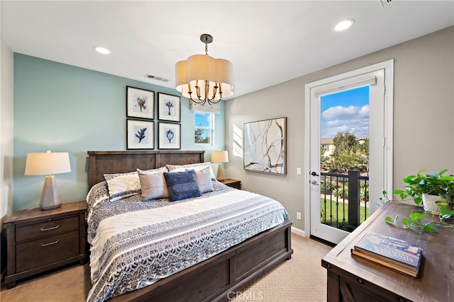 2 Jaripol Cir, Rancho Mission Viejo, CA 92694 - bedroom featuring light colored carpet, access to exterior, multiple windows, a chandelier, and recessed lighting