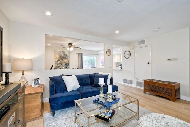 1651 S Juniper St Unit 106, Escondido, CA 92025 - living room featuring light wood-type flooring, recessed lighting, a ceiling fan, and baseboards