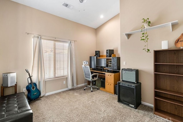 3475 Paseo Verde Ave, Merced, CA 95348 - office area featuring baseboards, light carpet, and lofted ceiling