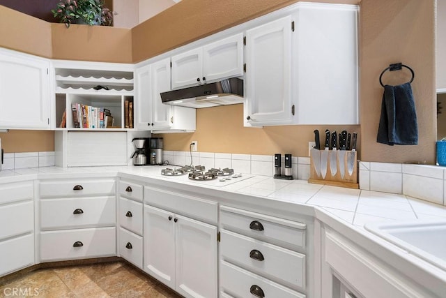 3475 Paseo Verde Ave, Merced, CA 95348 - kitchen featuring under cabinet range hood, white cabinets, open shelves, tile counters, and white gas stovetop