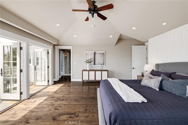 2711 Elm Ave, Manhattan Beach, CA 90266 - bedroom featuring wood finished floors, vaulted ceiling, recessed lighting, access to outside, and a ceiling fan