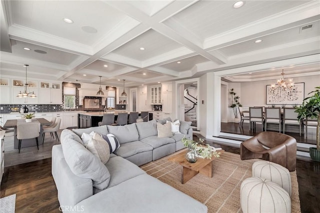 2711 Elm Ave, Manhattan Beach, CA 90266 - living area with a chandelier, dark wood-style flooring, coffered ceiling, beamed ceiling, and recessed lighting
