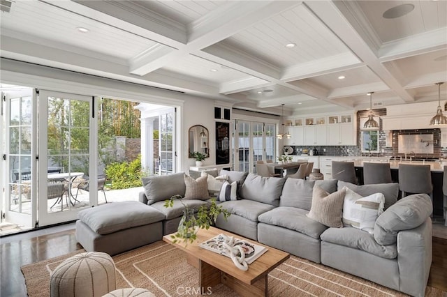 2711 Elm Ave, Manhattan Beach, CA 90266 - living room with wood finished floors, beamed ceiling, coffered ceiling, ornamental molding, and recessed lighting