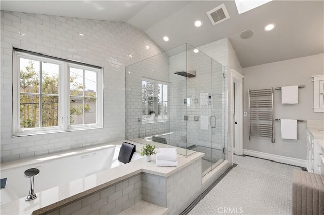 2711 Elm Ave, Manhattan Beach, CA 90266 - bathroom with lofted ceiling, a bath, a shower stall, vanity, and recessed lighting