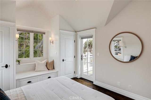 2711 Elm Ave, Manhattan Beach, CA 90266 - bedroom with lofted ceiling, access to outside, dark wood finished floors, multiple windows, and baseboards