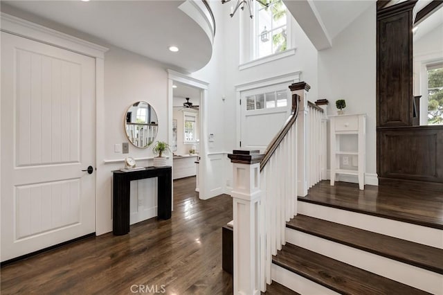 2711 Elm Ave, Manhattan Beach, CA 90266 - foyer entrance with healthy amount of natural light, dark wood-type flooring, stairway, recessed lighting, and a ceiling fan