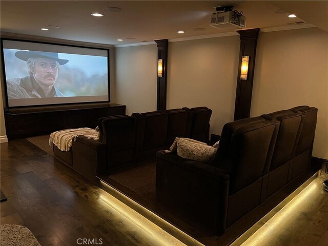 2711 Elm Ave, Manhattan Beach, CA 90266 - home theater room with wood finished floors, ornate columns, ornamental molding, and recessed lighting