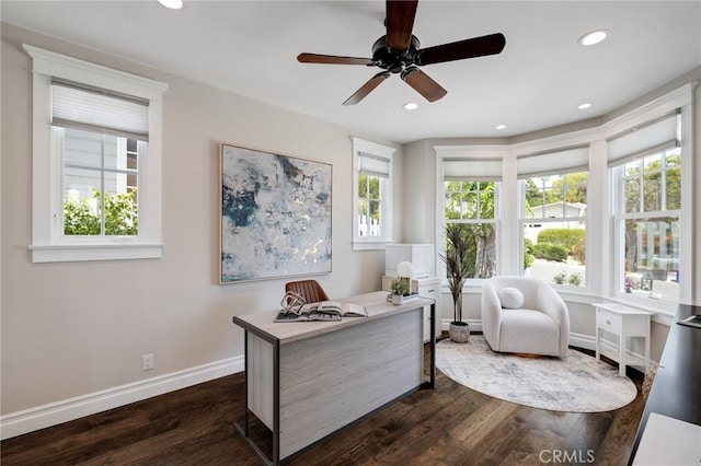2711 Elm Ave, Manhattan Beach, CA 90266 - home office with dark wood-style flooring, baseboards, recessed lighting, and ceiling fan