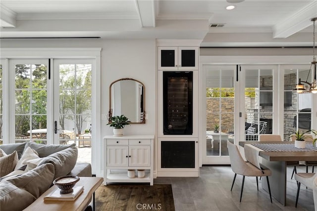 2711 Elm Ave, Manhattan Beach, CA 90266 - living area with beverage cooler, dark wood-style floors, recessed lighting, crown molding, and beam ceiling