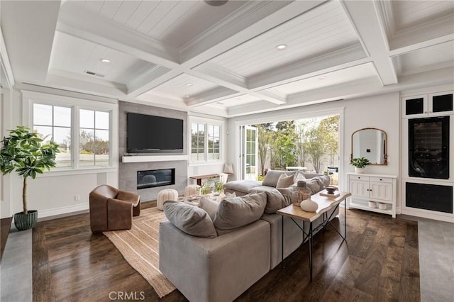 2711 Elm Ave, Manhattan Beach, CA 90266 - living area featuring beam ceiling, dark wood-style floors, coffered ceiling, a fireplace, and ornamental molding