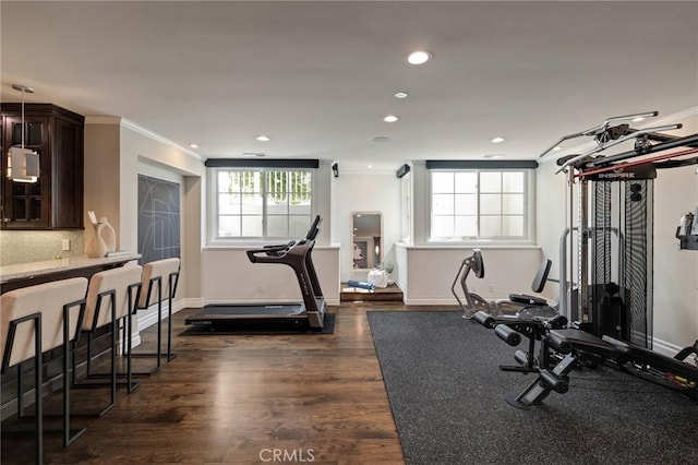 2711 Elm Ave, Manhattan Beach, CA 90266 - exercise room featuring recessed lighting, baseboards, dark wood finished floors, and ornamental molding