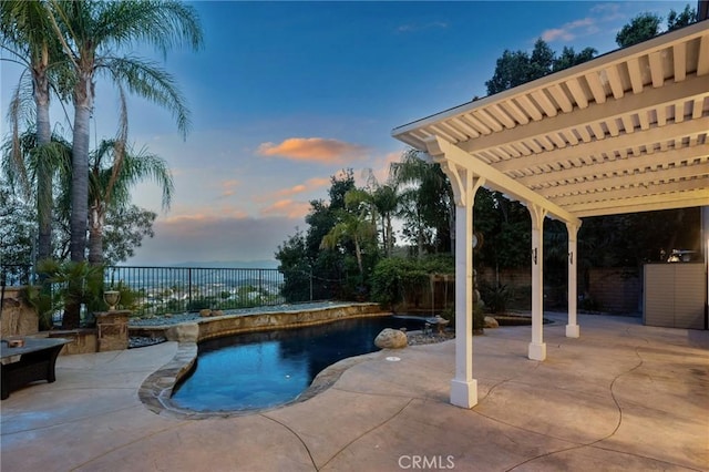 24274 Reyes Adobe Way, Valencia, CA 91354 - pool at dusk with a pergola, a fenced backyard, and a patio area