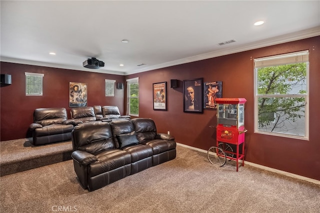 24274 Reyes Adobe Way, Valencia, CA 91354 - home theater with carpet, recessed lighting, ornamental molding, and baseboards