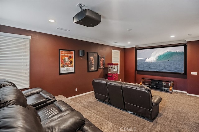 24274 Reyes Adobe Way, Valencia, CA 91354 - carpeted cinema room with baseboards, ornamental molding, and recessed lighting