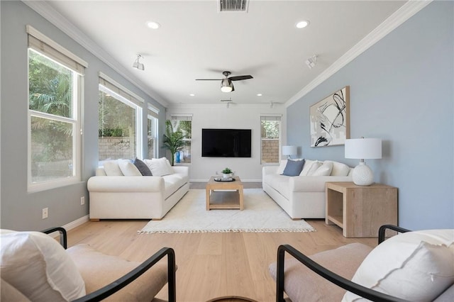 24274 Reyes Adobe Way, Valencia, CA 91354 - living room featuring recessed lighting, crown molding, a ceiling fan, light wood-style floors, and baseboards