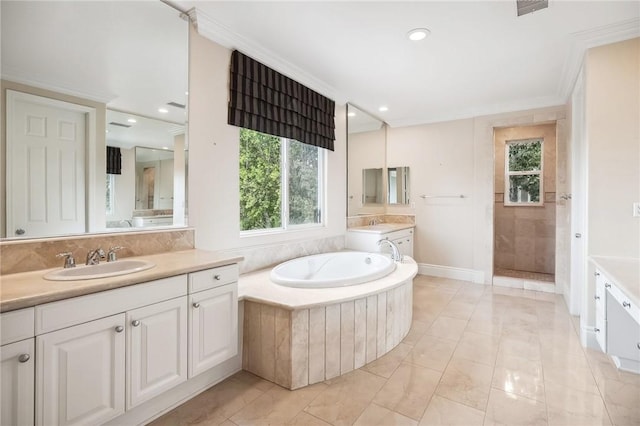 24274 Reyes Adobe Way, Valencia, CA 91354 - bathroom with two vanities, a garden tub, ornamental molding, recessed lighting, and a walk in shower