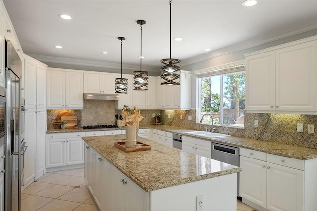 24274 Reyes Adobe Way, Valencia, CA 91354 - kitchen with a sink, under cabinet range hood, a center island, gas cooktop, and ornamental molding