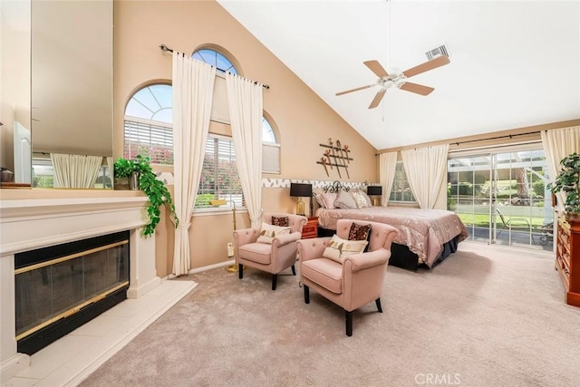 5618 Gardendale Ln, Palmdale, CA 93551 - carpeted bedroom featuring high vaulted ceiling, access to exterior, a glass covered fireplace, ceiling fan, and baseboards