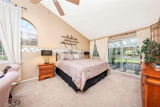 5618 Gardendale Ln, Palmdale, CA 93551 - bedroom featuring carpet, access to exterior, lofted ceiling, and a ceiling fan