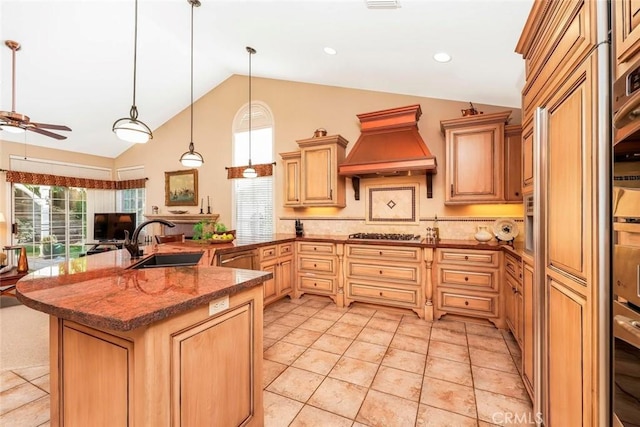 5618 Gardendale Ln, Palmdale, CA 93551 - kitchen featuring custom range hood, a sink, open floor plan, ceiling fan, and stainless steel gas cooktop