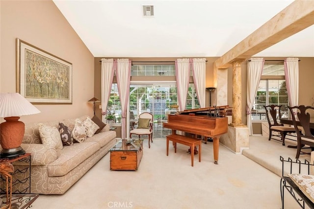 5618 Gardendale Ln, Palmdale, CA 93551 - living area featuring carpet floors, decorative columns, and lofted ceiling