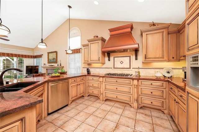 5618 Gardendale Ln, Palmdale, CA 93551 - kitchen featuring stainless steel appliances, a sink, premium range hood, decorative backsplash, and decorative light fixtures