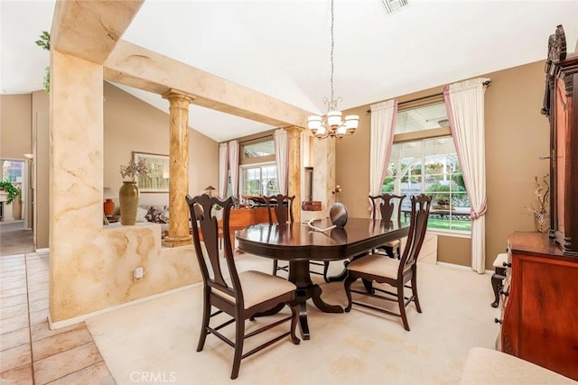 5618 Gardendale Ln, Palmdale, CA 93551 - dining room featuring ornate columns, vaulted ceiling, baseboards, a chandelier, and light carpet