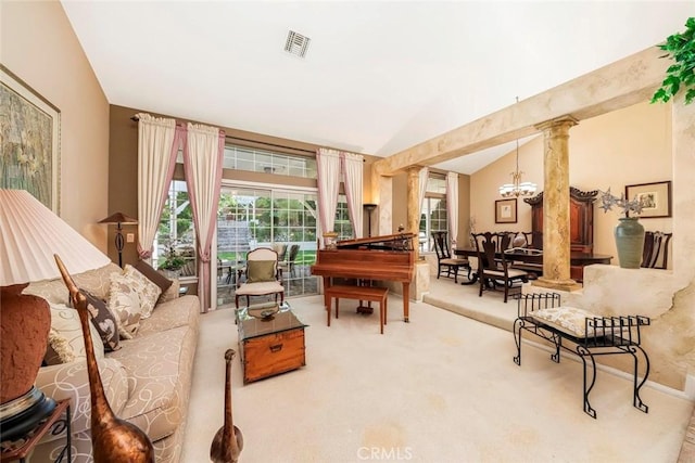 5618 Gardendale Ln, Palmdale, CA 93551 - sitting room featuring carpet flooring, vaulted ceiling, a chandelier, and ornate columns