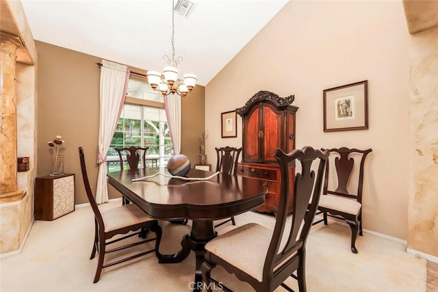 5618 Gardendale Ln, Palmdale, CA 93551 - dining space featuring light carpet, a chandelier, baseboards, and lofted ceiling