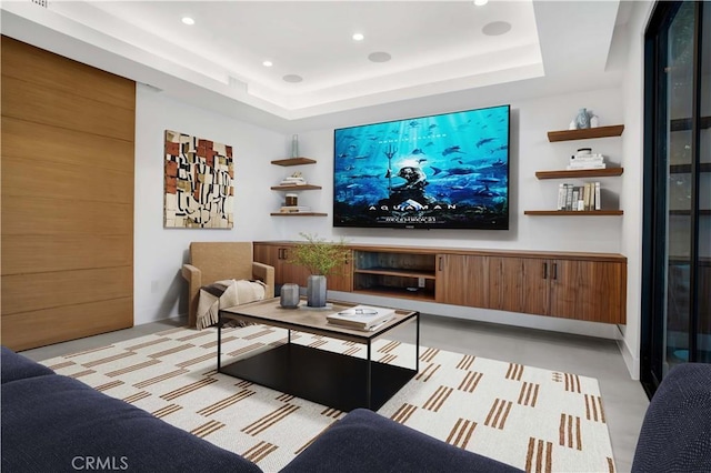 14899 Round Vly, Sherman Oaks, CA 91403 - living area with a tray ceiling, concrete floors, and recessed lighting