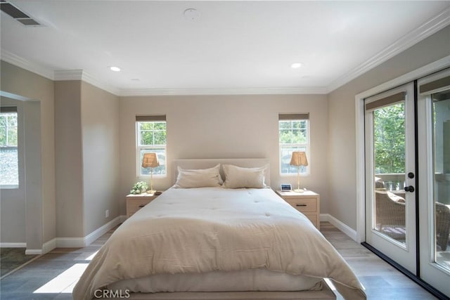 1 Evergreen Rd, Ladera Ranch, CA 92694 - bedroom featuring access to outside, light wood-style flooring, baseboards, recessed lighting, and crown molding