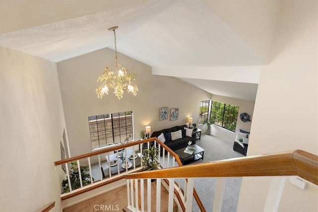 650 Bull Frog Cir, Walnut, CA 91789 - stairs featuring carpet, lofted ceiling, and a chandelier