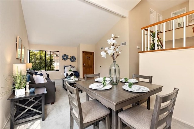 650 Bull Frog Cir, Walnut, CA 91789 - dining area featuring high vaulted ceiling, light colored carpet, and beam ceiling