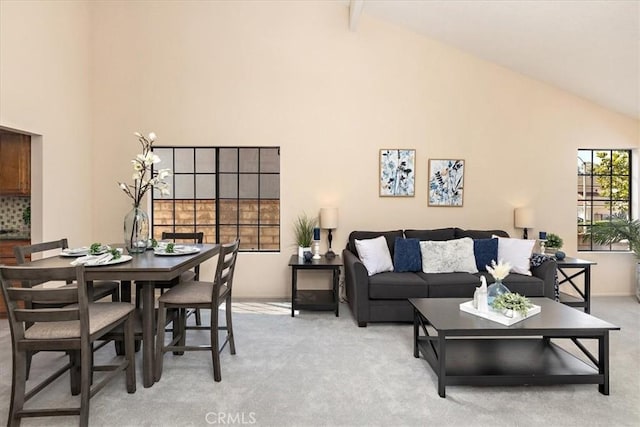 650 Bull Frog Cir, Walnut, CA 91789 - living room featuring high vaulted ceiling, light carpet, and beam ceiling