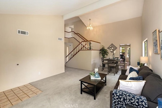 650 Bull Frog Cir, Walnut, CA 91789 - living area with high vaulted ceiling, stairs, carpet flooring, and a chandelier